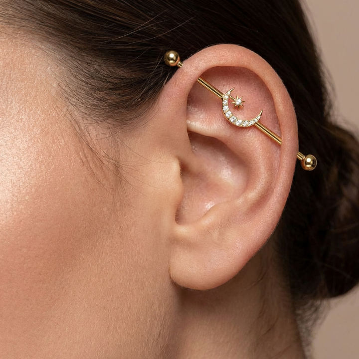 Stelluna | Piercing Industriel Lune Étoile Titane ASTM F136 Doré PVD