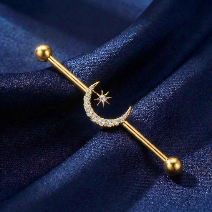 Stelluna | Piercing Industriel Lune Étoile Titane ASTM F136 Doré PVD