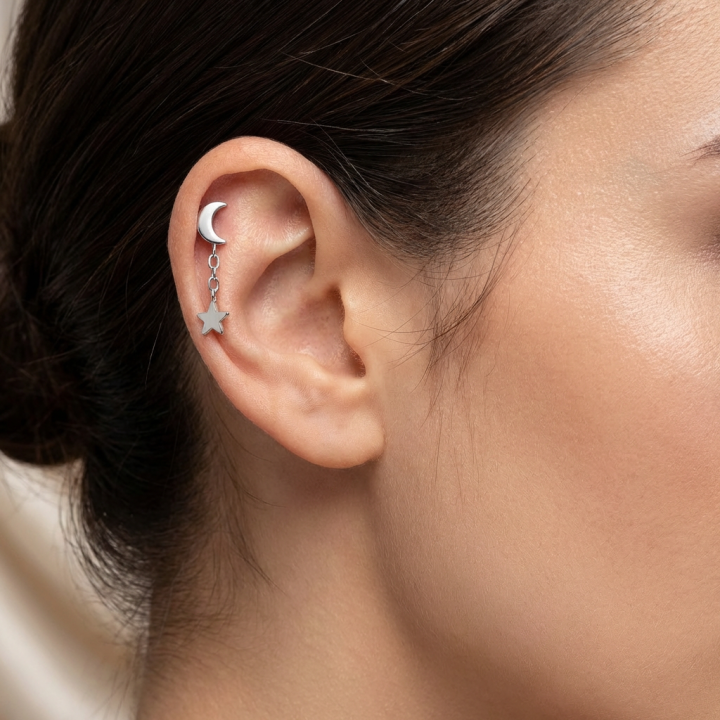Celestia | Piercing hélix Lune Étoile Titane ASTM F136 Chaînette