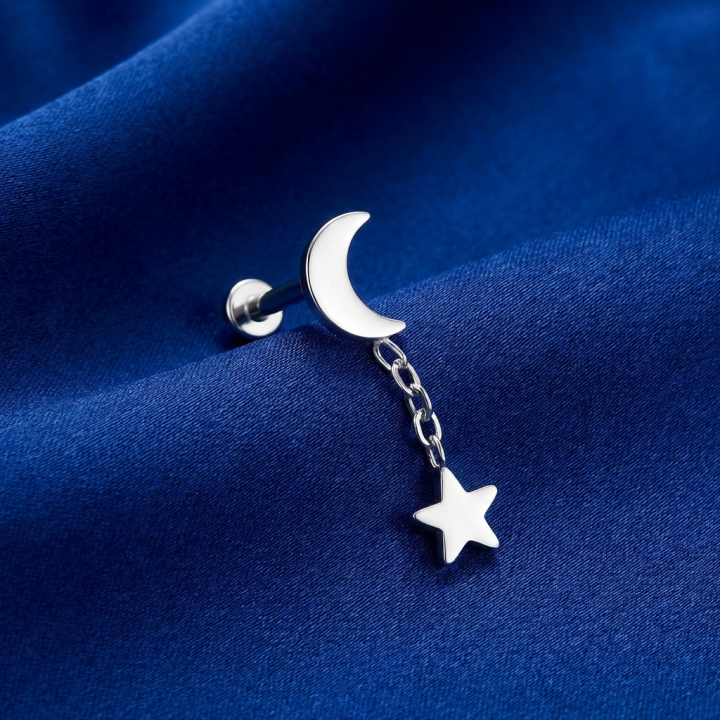 Celestia | Piercing hélix Lune Étoile Titane ASTM F136 Chaînette