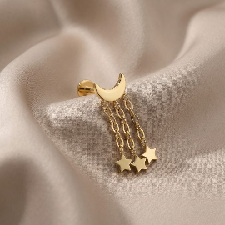 Astra | Piercing Oreille Lune Étoiles Titane ASTM F136 Doré