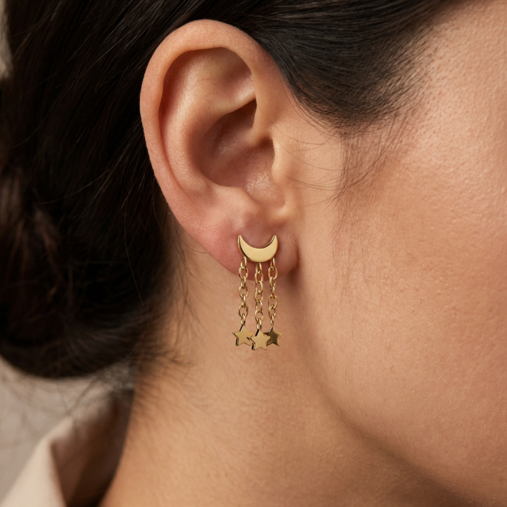Astra | Piercing Oreille Lune Étoiles Titane ASTM F136 Doré